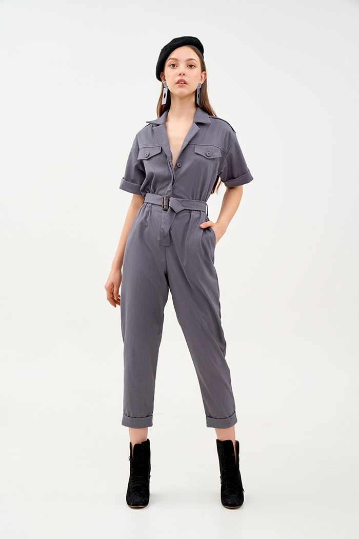 Jumpsuit utility dài lai lật nẹp nút
