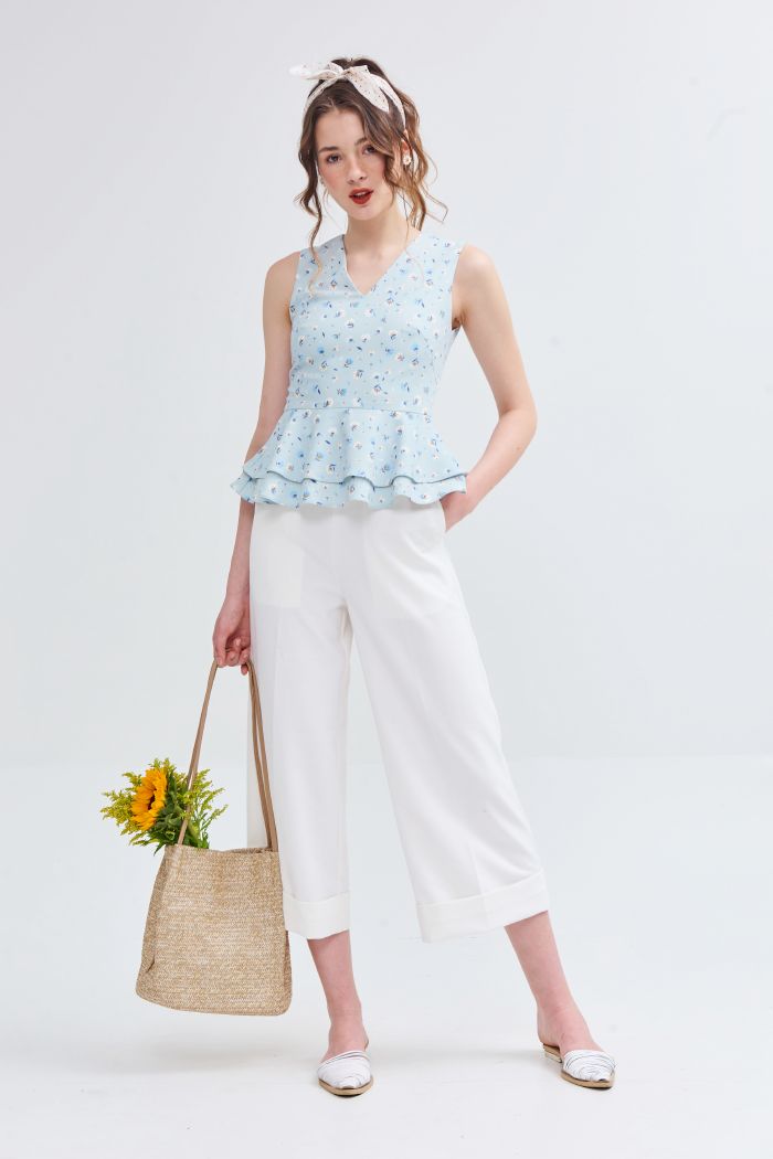Áo peplum in hoạ tiết ss19 cổ tim bèo 2 tầng
