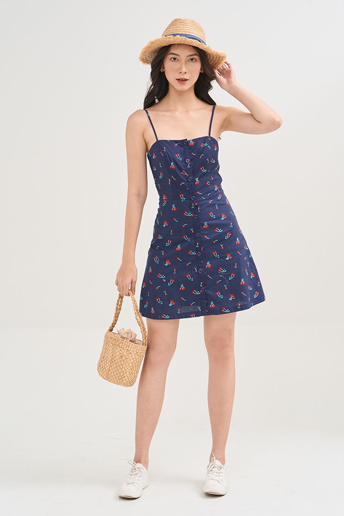 Đầm 2 dây cherry thắt nơ lưng nẹp nút
