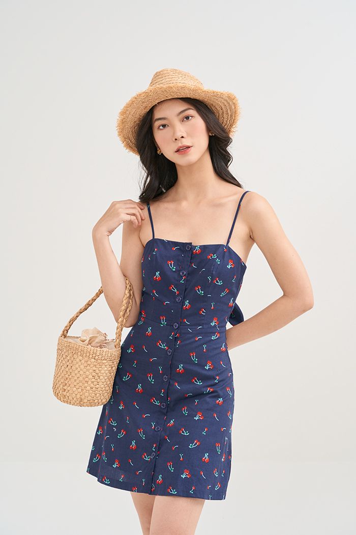 Đầm 2 dây cherry thắt nơ lưng nẹp nút