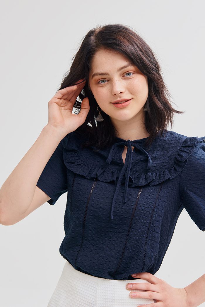 Áo vải cotton xốp bèo ngực cột nơ