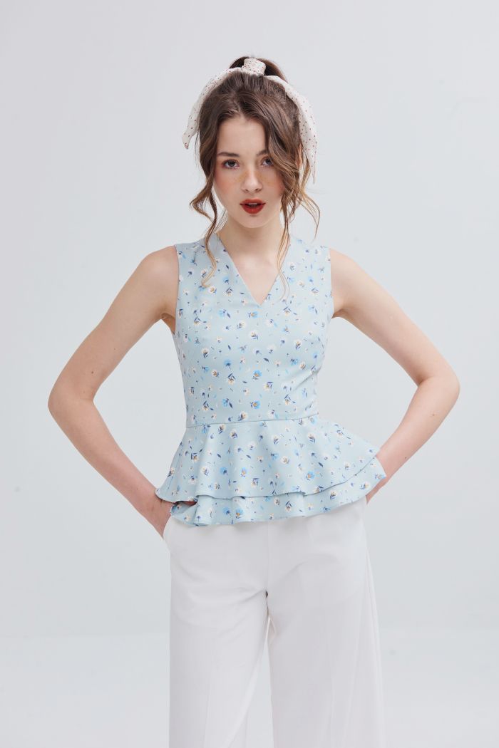 Áo peplum in hoạ tiết ss19 cổ tim bèo 2 tầng