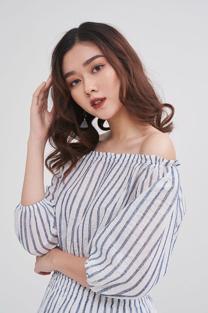 Đầm bẹt vai rút dây sọc dọc nhún eo ss19