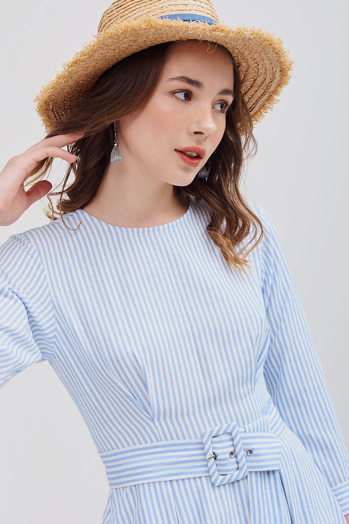 Đầm sọc tay lở nhấn ben dưới xếp li tùng