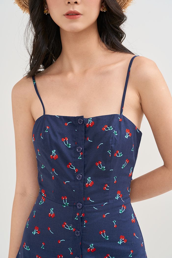 Đầm 2 dây cherry thắt nơ lưng nẹp nút