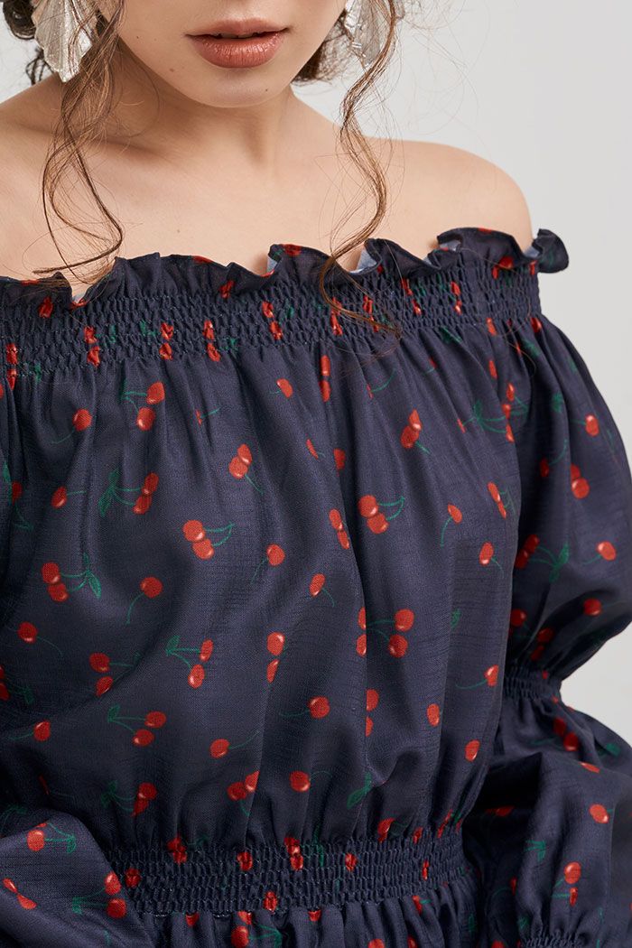 Đầm in hoạ tiết cherry bẹt vai nhún thun
