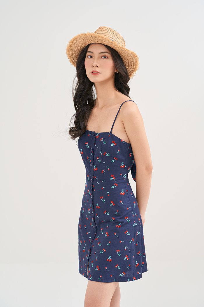Đầm 2 dây cherry thắt nơ lưng nẹp nút