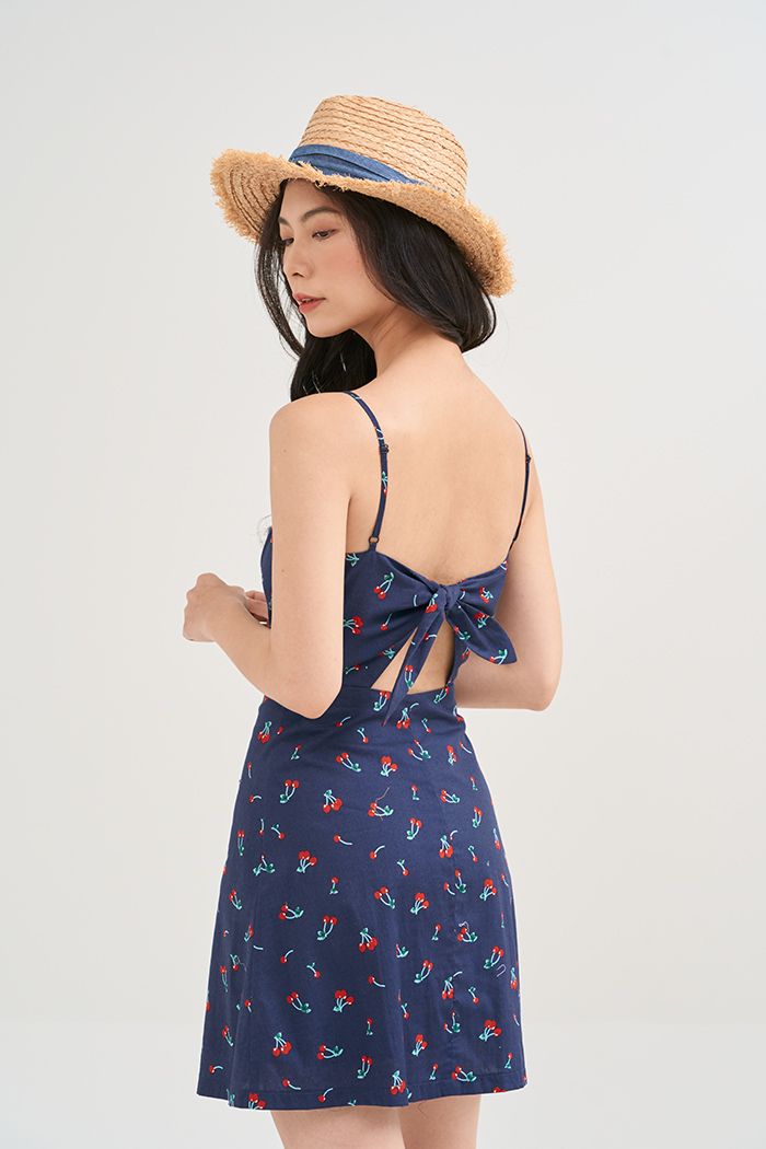 Đầm 2 dây cherry thắt nơ lưng nẹp nút