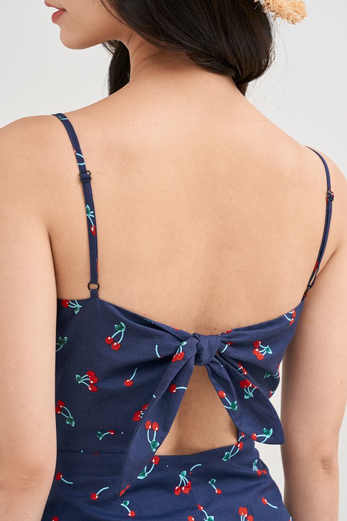 Đầm 2 dây cherry thắt nơ lưng nẹp nút