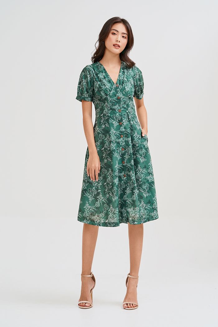 Đầm midi nẹp nút in hoạ tiết ss19 tay lỡ