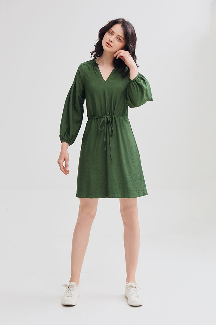 Đầm tay lửng rút dây eo bèo nhỏ cổ