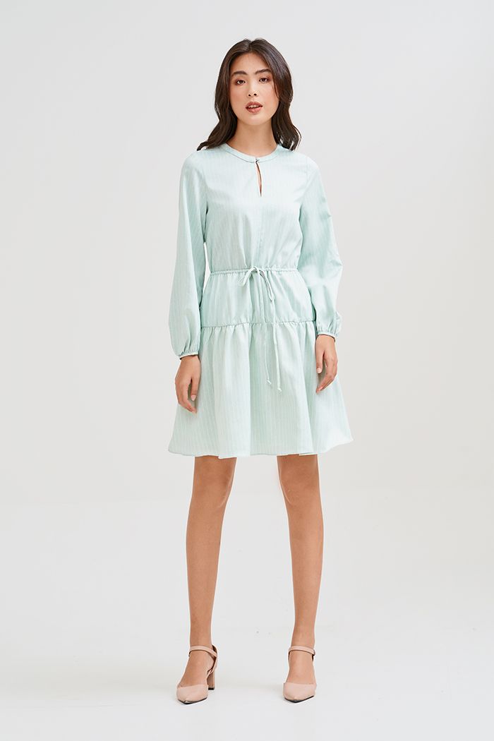 Đầm linen sọc rút eo tay lửng