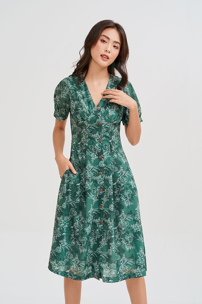 Đầm midi nẹp nút in hoạ tiết ss19 tay lỡ