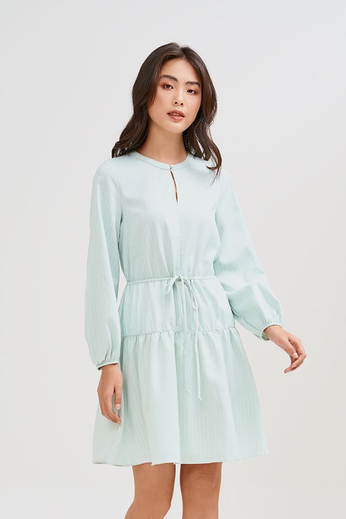 Đầm linen sọc rút eo tay lửng