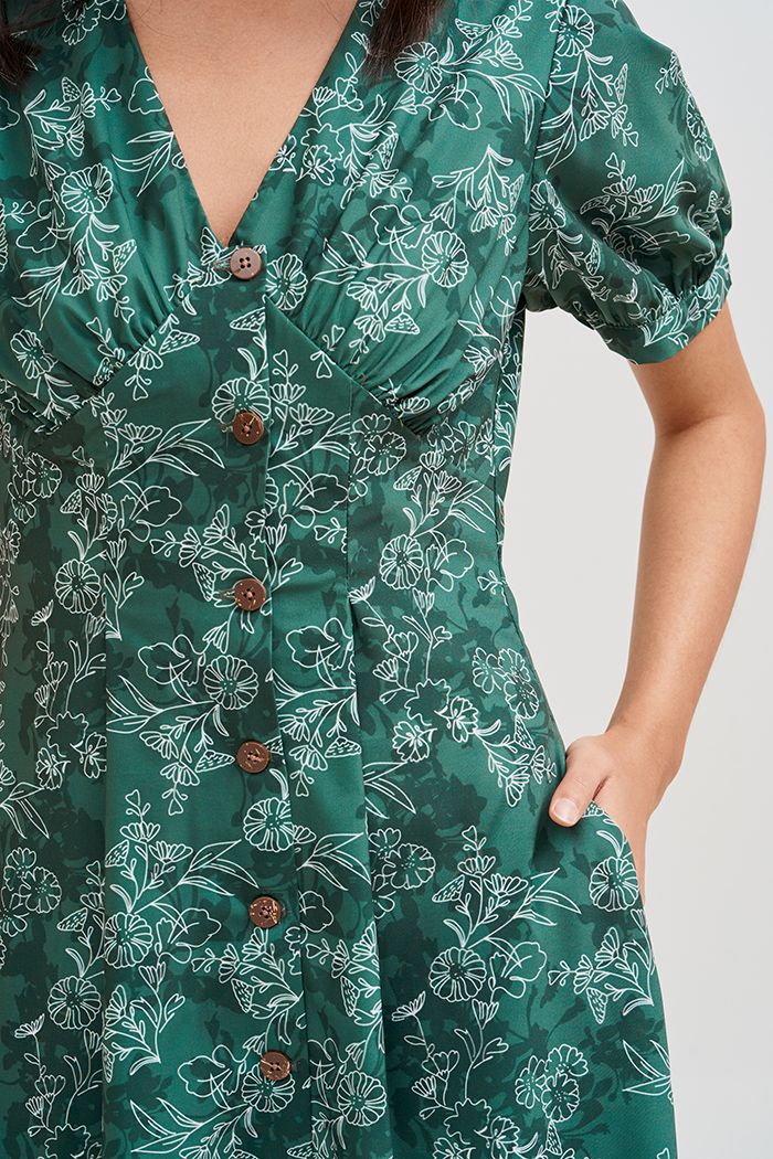 Đầm midi nẹp nút in hoạ tiết ss19 tay lỡ