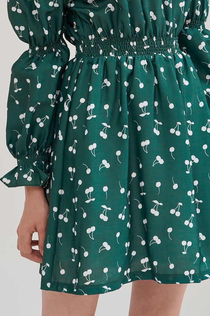 Đầm in hoạ tiết cherry bẹt vai nhún thun