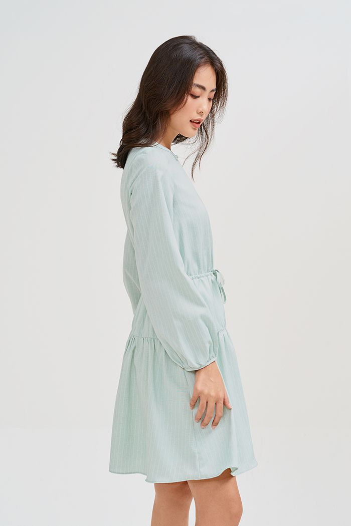 Đầm linen sọc rút eo tay lửng
