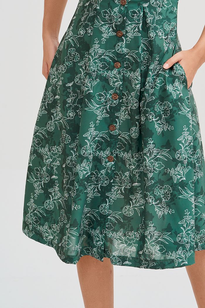 Đầm midi nẹp nút in hoạ tiết ss19 tay lỡ