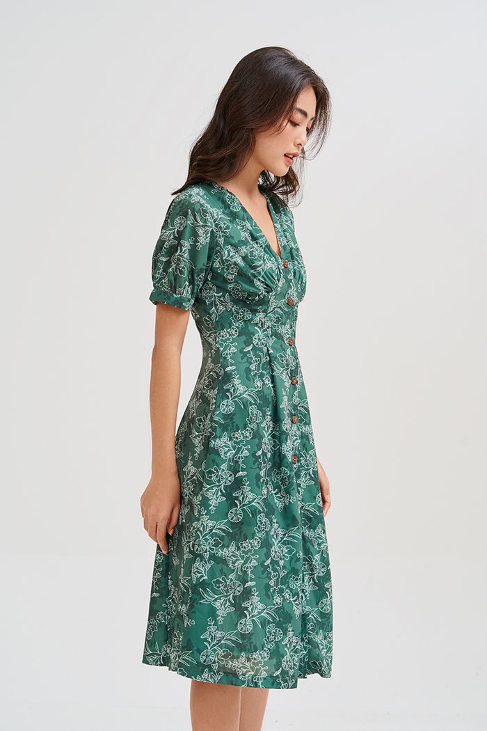 Đầm midi nẹp nút in hoạ tiết ss19 tay lỡ