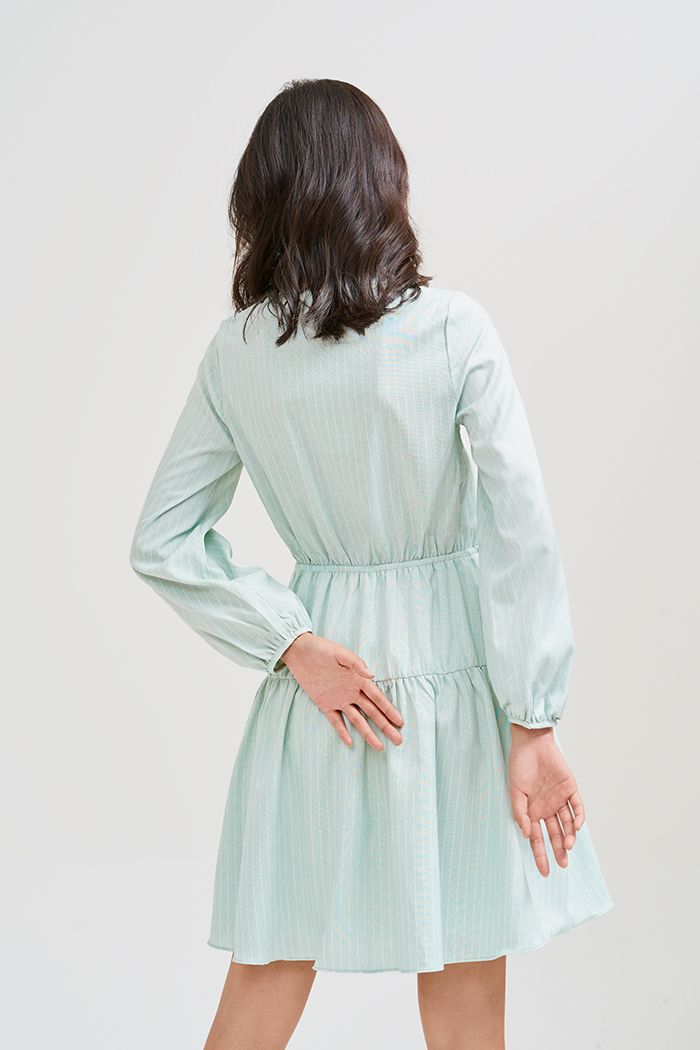 Đầm linen sọc rút eo tay lửng