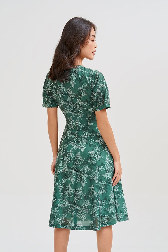 Đầm midi nẹp nút in hoạ tiết ss19 tay lỡ