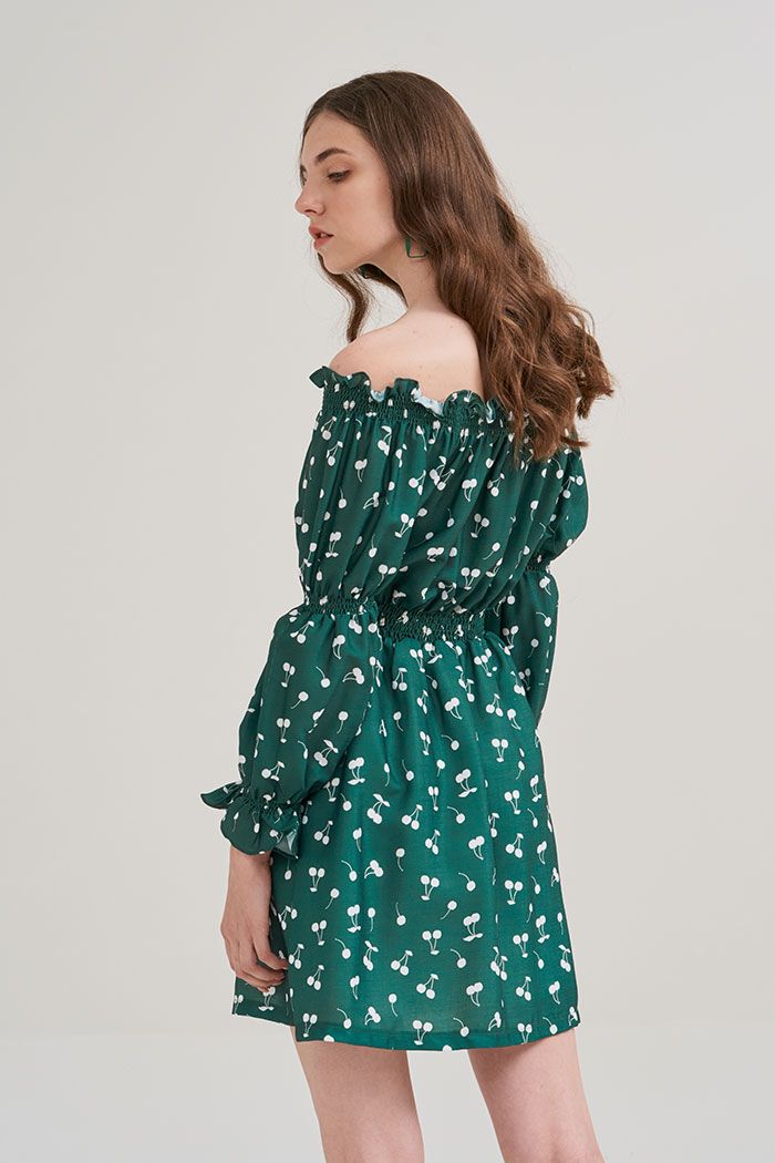Đầm in hoạ tiết cherry bẹt vai nhún thun
