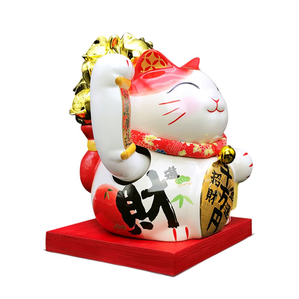 mèo vẫy tay tài lộc đeo hũ tiền vàng 28cm