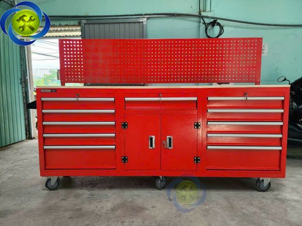 Tủ đồ nghề STRONGER TOOL mặt bàn ốp gỗ, kèm tấm treo kích thước 2100mm x 460mm x 870mm