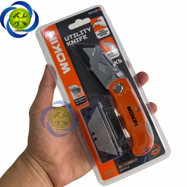 Dao rọc cáp loại xếp WORKIN 30119 kèm 5 lưỡi màu cam