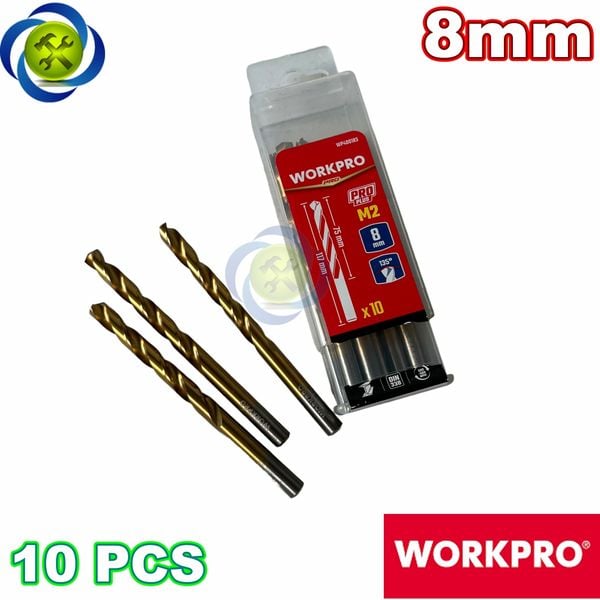 Mũi khoan sắt 8mm chuôi tròn thép HSS Workpro WP400183 (10 mũi hộp)