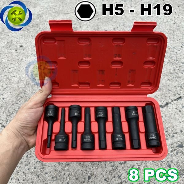 Bộ tuýp đầu lục giác 8 chi tiết VND3429 (5-19mm) thép CR-MO chân đuôi 1/2