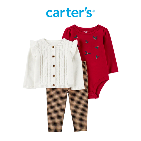  Set 3 Gồm Bodysuit Bé Gái Màu Đỏ Kèm Quần Dài Màu Nâu Và Áo Khoác Màu Trắng Carter's 0-24M 