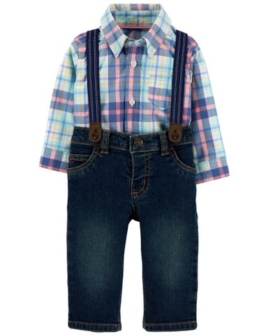  Set Bodysuit Sơ Mi Tay Dài Liền Quần Bé Trai Caro Kèm Quần Jean Dài Carter's 0-24M 