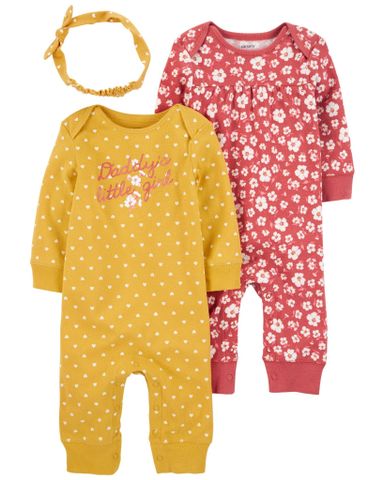  Set Gồm 2 Bodysuit Liền Quần Dài Bé Gái Vàng Và Hồng Kèm Băng Đô Carter's 0-24M 