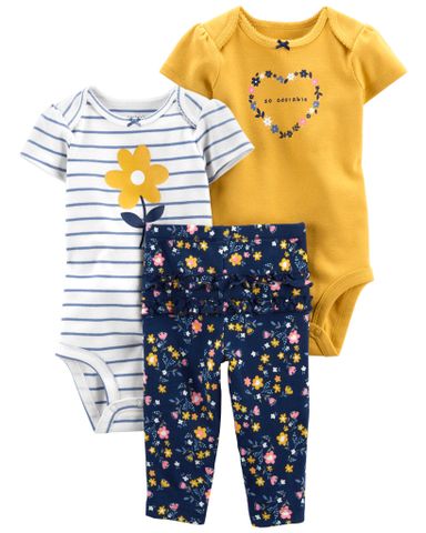  Set Gồm 2 Bodysuit Liền Quần Bé Gái Vàng Trắng Kèm Quần Dài Hoa Carter's 0-24M 