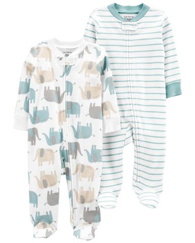  Set 2 Bodysuit Tay Dài Liền Quần Dài Màu Trắng Hình Voi Carter's 0-24M 