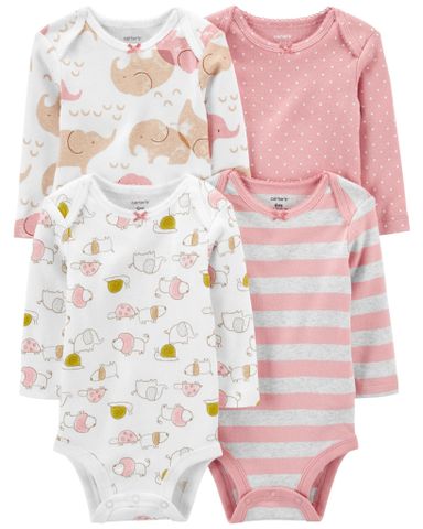  Set 4 Bodysuit Liền Quần Tay Dài Bé Gái Nhiều Màu Carter's 0-24M 