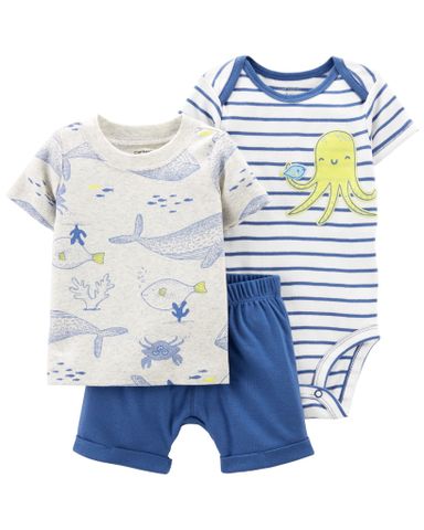  Set Gồm 1 Bodysuit Liền Quần Kèm Bộ Quần Áo Ngắn Bé Trai Xanh Biển Carter's 0-24M 