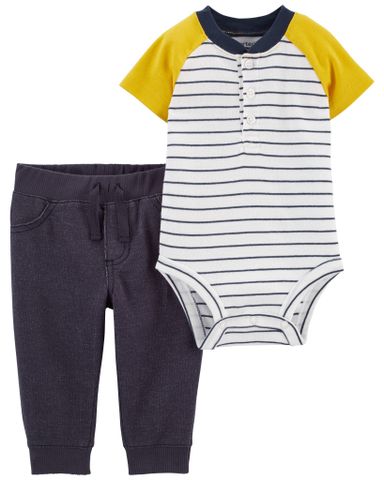  Set Bodysuit Liền Quần Bé Trai Vàng Trắng Sọc Kèm Quần Dài Carter's 0-24M 