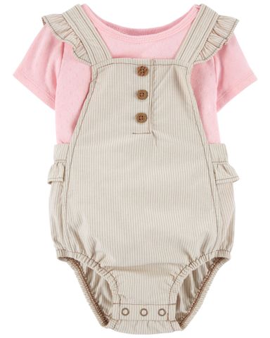  Set Bodysuit Yếm Bé Gái Nâu Kem Kèm Áo Tay Ngắn Màu Hồng Carter's 0-24M 