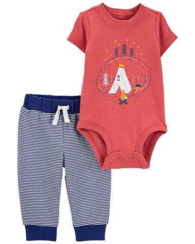  Set Bodysuit Liền Quần Bé Trai Đỏ Kèm Quần Dài Sọc Xanh Carter's 0-24M 