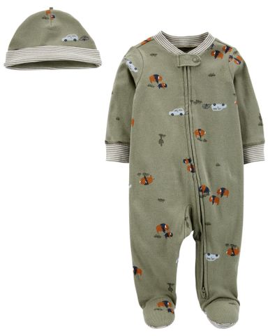  Set Bodysuit Liền Quần Dài Bé Trai Màu Xanh Hình Xe Kèm Nón Carter's 0-24M 