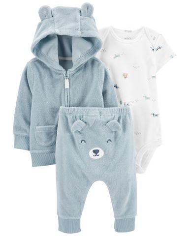  Set Gồm Bộ Quần Áo Dài Có Nón Bé Trai Gấu Xanh Kèm Bodysuit Liền Quần Carter's 0-24M 