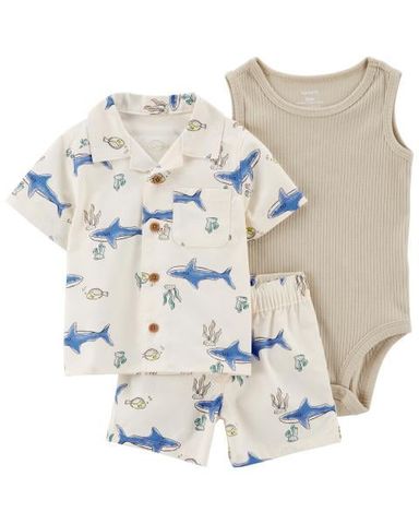  Set 3 Gồm 1 Bodysuit Bé Trai Kèm Bộ Quần Áo Màu Trắng Hình Cá Mập Carter's 0-24M 