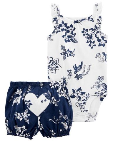  Set Bodysuit Liền Quần Bé Gái Trắng Kèm Quần Ngắn Màu Xanh Hình Hoa Carter's 0-24M 