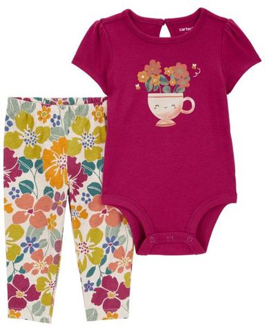  Set Bodysuit Liền Quần Bé Gái Màu Đỏ Kèm Quần Dài Hình Hoa Carter's 0-24M 