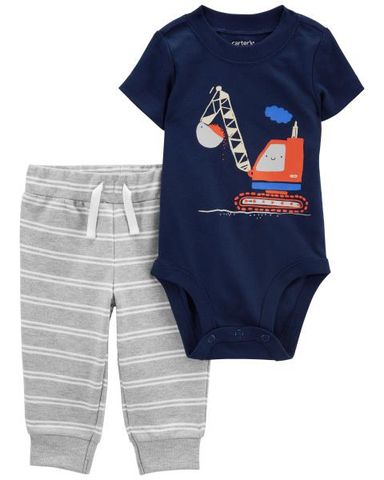  Set Bodysuit Liền Quần Bé Trai Màu Xanh Navy Kèm Quần Dài Màu Xám Carter's 0-24M 