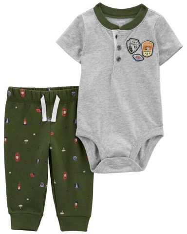  Set Bodysuit Liền Quần Bé Trai Màu Xám Kèm Quần Dài Màu Xanh Lá Carter's 0-24M 