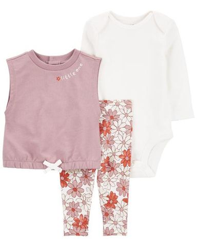  Set 3 Gồm Bodysuit Bé Gái Màu Trắng Kèm Quần Dài Hình Hoa Và Áo Thun Cộc Tay Màu Tím Carter's 0-24M 