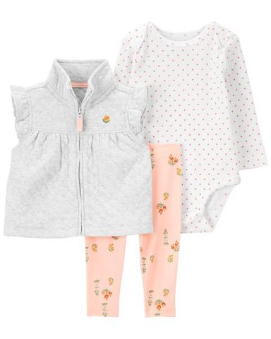  Set 3 Gồm Bodysuit Bé Gái Màu Trắng Kèm Quần Dài Màu Hồng Hình Hoa Và Áo Khoác Cộc Tay Màu Xám Carter's 0-24M 